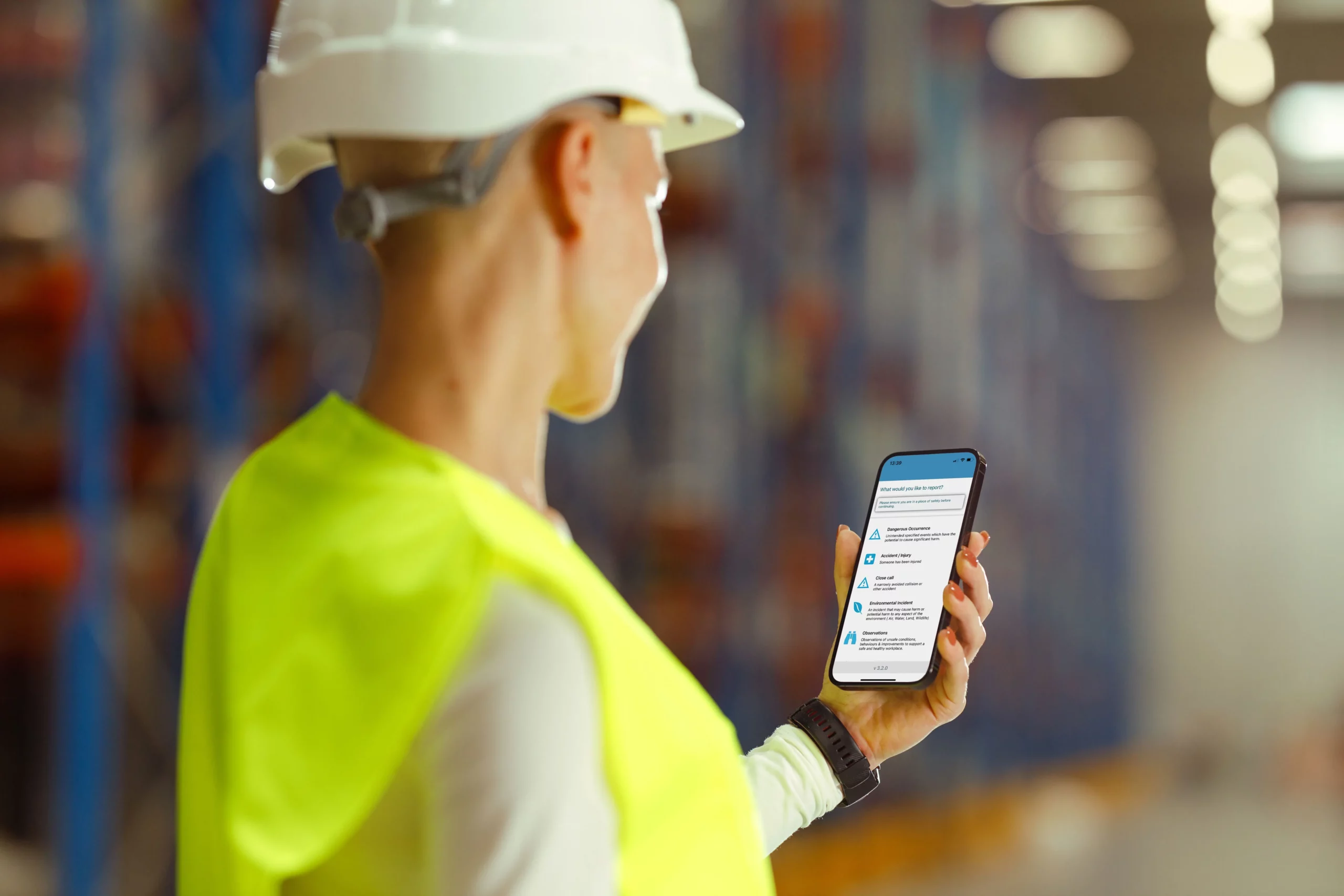 Woman using phone for Notify's online incident reporting software