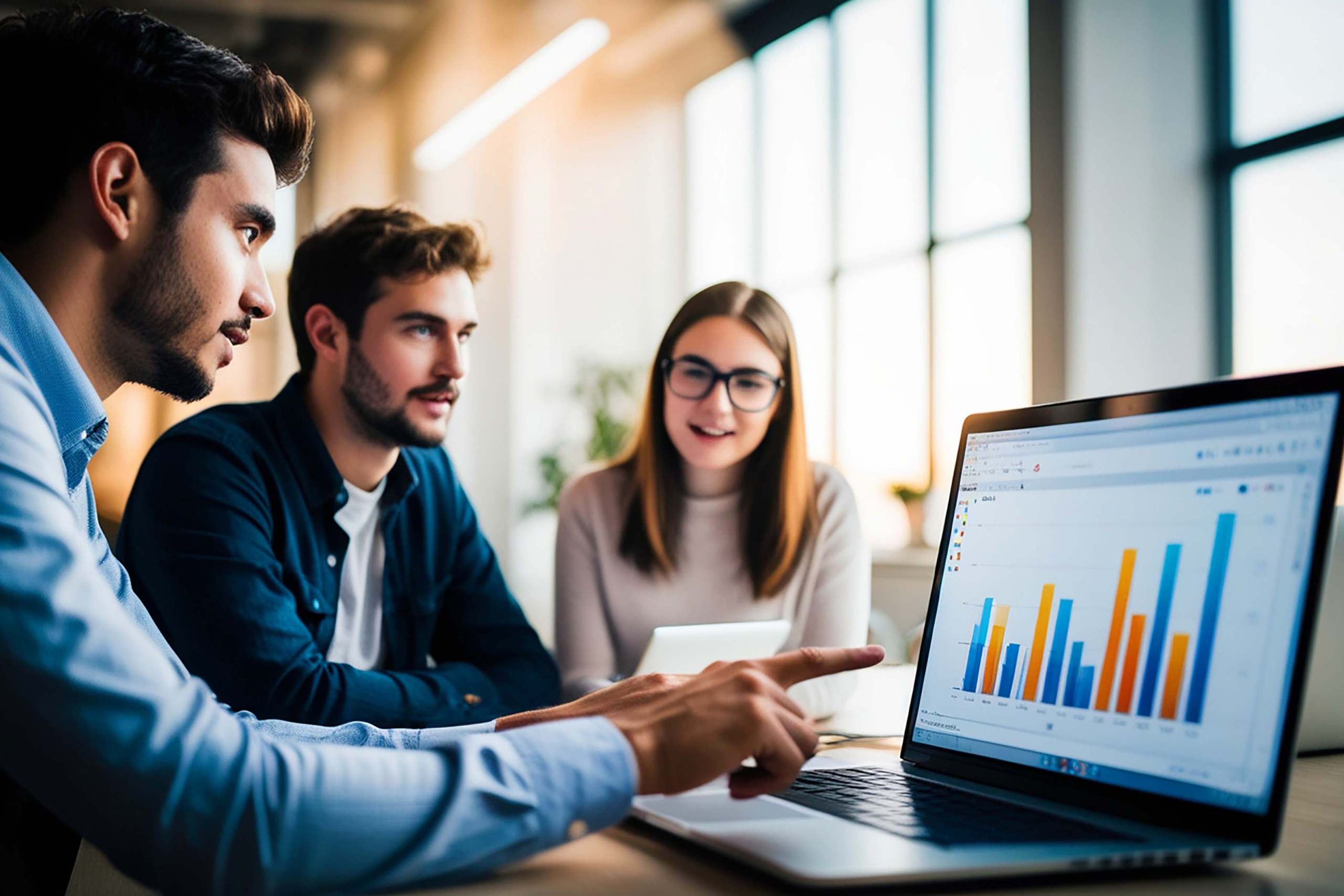 Colleagues discussing data at a desk
