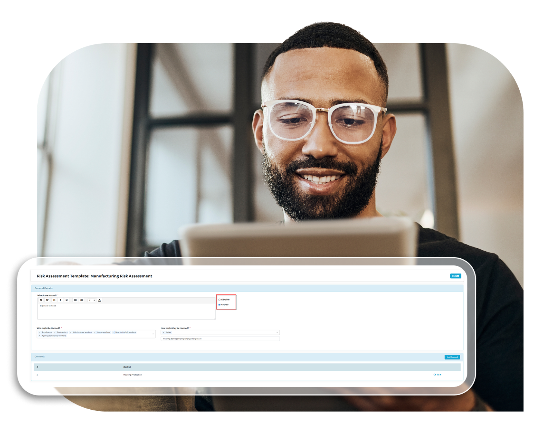 Digital manufacturing risk assessment template editor within health and safety management software