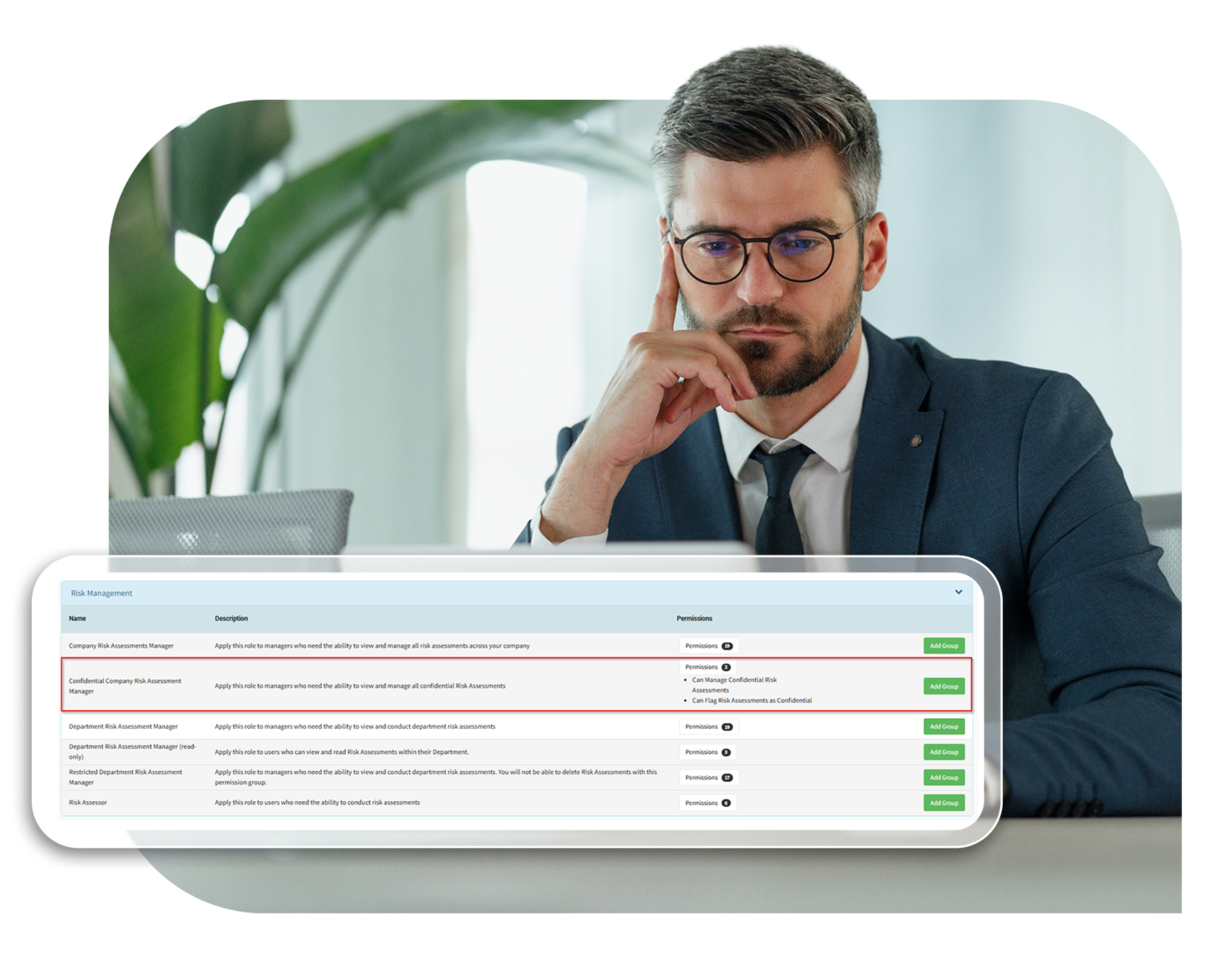 Risk management permissions dashboard for controlling access in health and safety software platform