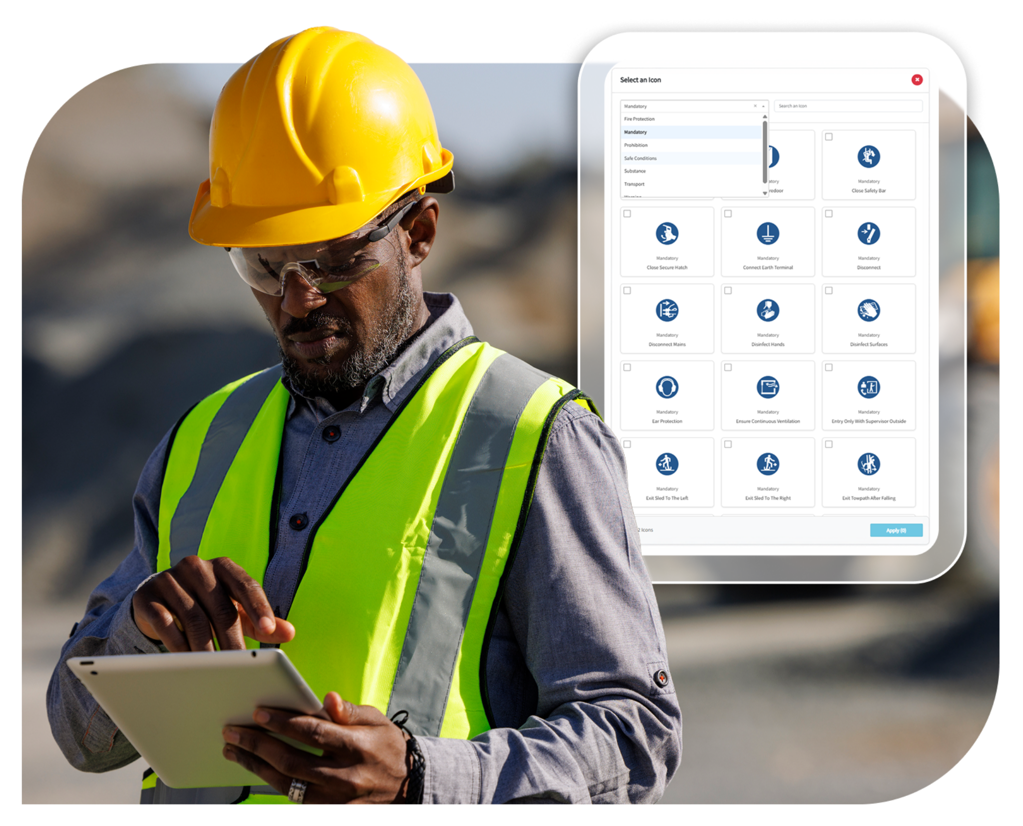 Selection of safety control icons for risk assessments in digital health and safety software system